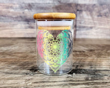 Load image into Gallery viewer, Glass Herb Stash Jar with Rasta Mandala Heart, Airtight Cannabis Storage Container, Marijuana Gift for Pot Smoker, Weed Accessories