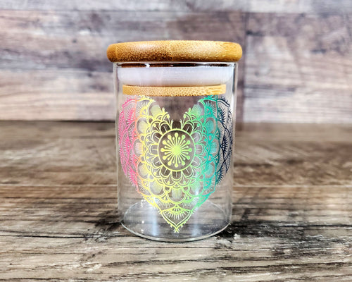 Glass Herb Stash Jar with Rasta Mandala Heart, Airtight Cannabis Storage Container, Marijuana Gift for Pot Smoker, Weed Accessories
