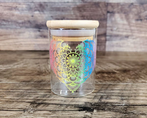 Glass Herb Stash Jar with Rainbow Mandala Heart, Airtight Cannabis Storage Container, Marijuana Gift for Pot Smoker, Weed Accessories