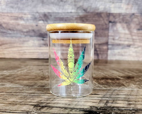Glass Herb Stash Jar with Rasta Mandala Cannabis Leaf, Airtight Cannabis Storage Container, Marijuana Gift for Pot Smoker, Weed Accessories