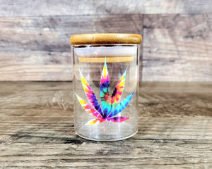 Glass Herb Stash Jar with Tie Dye Cannabis Leaf, Airtight Cannabis Storage Container, Marijuana Gift for Pot Smoker, Hippie Weed Accessories