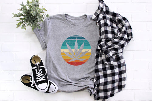 Retro Sunset Cannabis Leaf T Shirt, Unisex Bella + Canvas Vintage Marijuana Beach Shirt