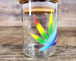 Glass Herb Stash Jar with Rainbow Cannabis Leaf, Airtight Cannabis Storage Container, Marijuana Gift for Pot Smoker, Weed Accessories