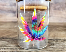 Load image into Gallery viewer, Glass Herb Stash Jar with Tie Dye Cannabis Leaf, Airtight Cannabis Storage Container, Marijuana Gift for Pot Smoker, Hippie Weed Accessories