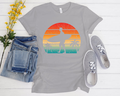 Retro Sunset Surfer T Shirt, Unisex Bella + Canvas Vintage Beach Shirt
