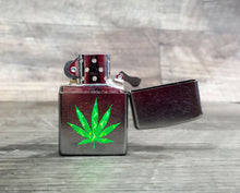 Load image into Gallery viewer, Holographic Cannabis Leaf Windproof Lighter, Custom Official Brand Refillable Lighter, 420 Stoner Gift, Marijuana Accessories
