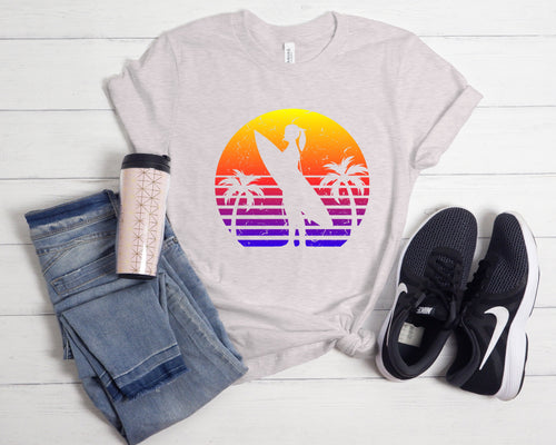 Retro Sunset Surfer Girl T Shirt, Unisex Bella + Canvas Vintage Beach Shirt
