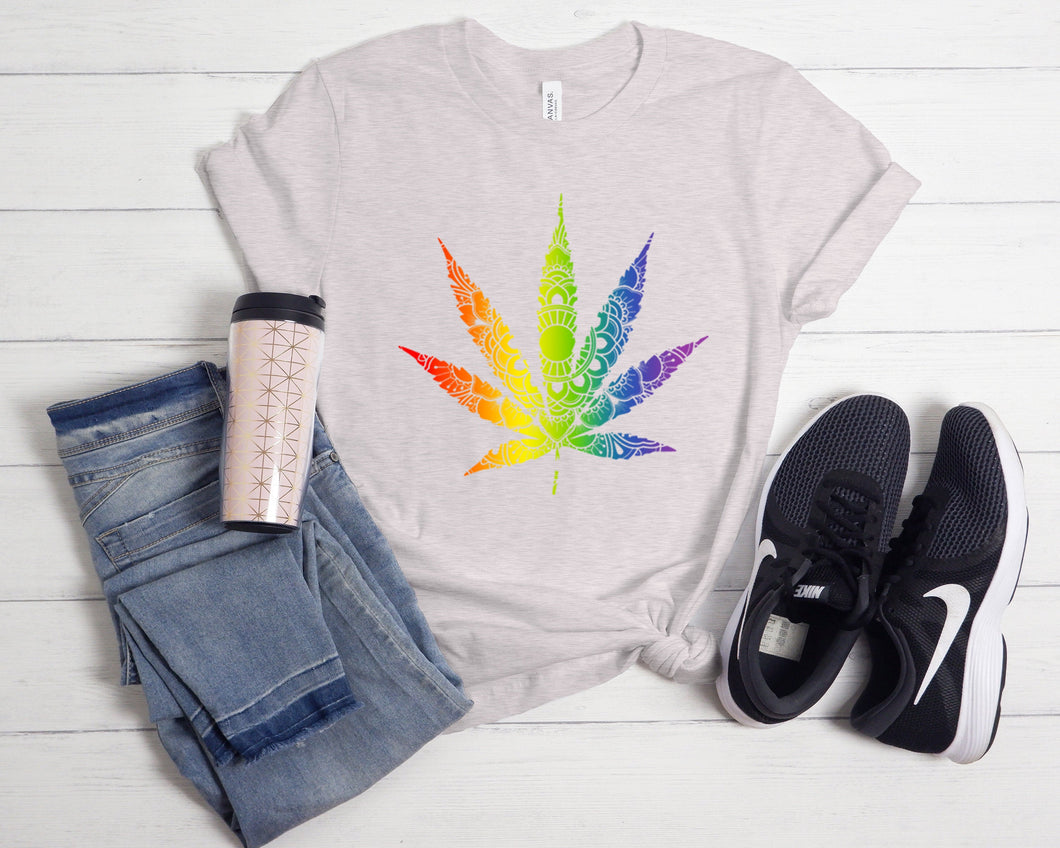 Rainbow Mandala Cannabis Leaf T Shirt, Unisex Bella + Canvas LGBTQ Hippie Marijuana Shirt, 420 Smoker Stoner Gift
