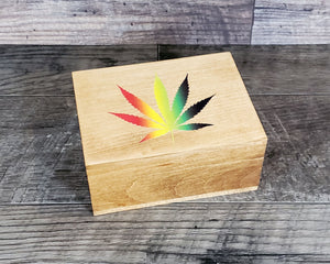 Wood Stash Box with Rasta Cannabis Leaf, Herb Holder, Pot Container, Stoner Gift, Marijuana Accessories, Wood Weed Supplies, Weed Gift
