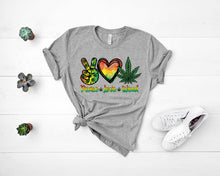 Load image into Gallery viewer, Peace Love Weed T Shirt, Unisex Bella + Canvas Funny Cannabis Shirt