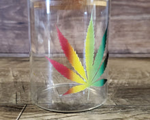 Load image into Gallery viewer, Glass Stash Jar with Rasta Cannabis Leaf, Jamaican 420 Herb Jar,  Marijuana Leaf Stoner Gift, Weed Gift, Gift for Smoker, Pot Accessories