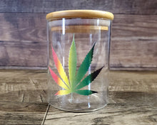 Load image into Gallery viewer, Glass Stash Jar with Rasta Cannabis Leaf, Jamaican 420 Herb Jar,  Marijuana Leaf Stoner Gift, Weed Gift, Gift for Smoker, Pot Accessories