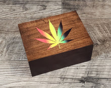 Load image into Gallery viewer, Wood Stash Box with Rasta Cannabis Leaf, Herb Holder, Pot Container, Stoner Gift, Marijuana Accessories, Wood Weed Supplies, Weed Gift