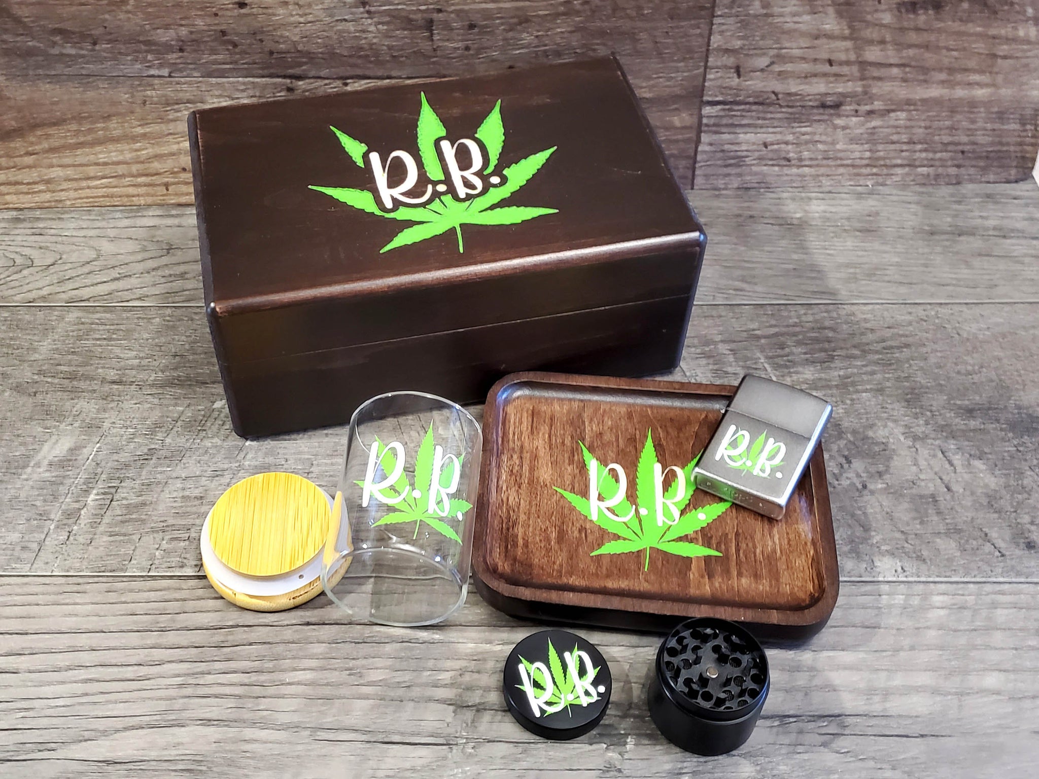 Complete Kit Personalized Smoker Gift Set with Custom Engraved Wood Stash  Box, Wood Rolling Tray, Stash Jar, Herb Grinder Wind Proof Lighter