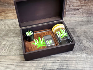 Complete Personalized Smoker Gift Set includes Engraved Wood Stash Box, Wood Rolling Tray, Stash Jar, Herb Grinder, and Wind Proof Lighter