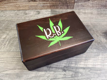 Load image into Gallery viewer, Complete Personalized Smoker Gift Set includes Engraved Wood Stash Box, Wood Rolling Tray, Stash Jar, Herb Grinder, and Wind Proof Lighter