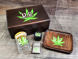 Complete Personalized Smoker Gift Set includes Engraved Wood Stash Box, Wood Rolling Tray, Stash Jar, Herb Grinder, and Wind Proof Lighter