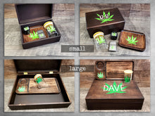 Load image into Gallery viewer, Complete Kit Personalized Smoker Gift Set with Custom Engraved Wood Stash Box, Wood Rolling Tray, Stash Jar, Herb Grinder Wind Proof Lighter